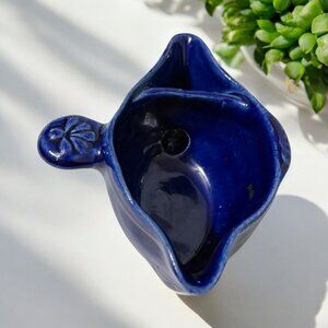 Vintage Blue Pottery Gravy Boat Fat Separator
